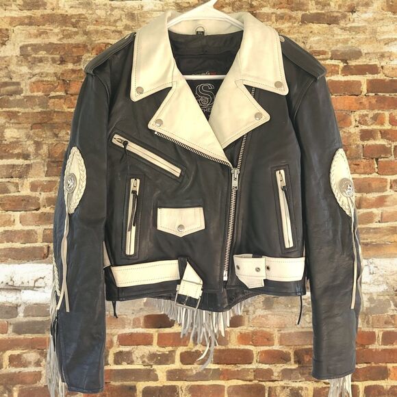 VTG Leather King Black & White Fringe Moto Jacket Braided Western Biker Women XL - Picture 2 of 16
